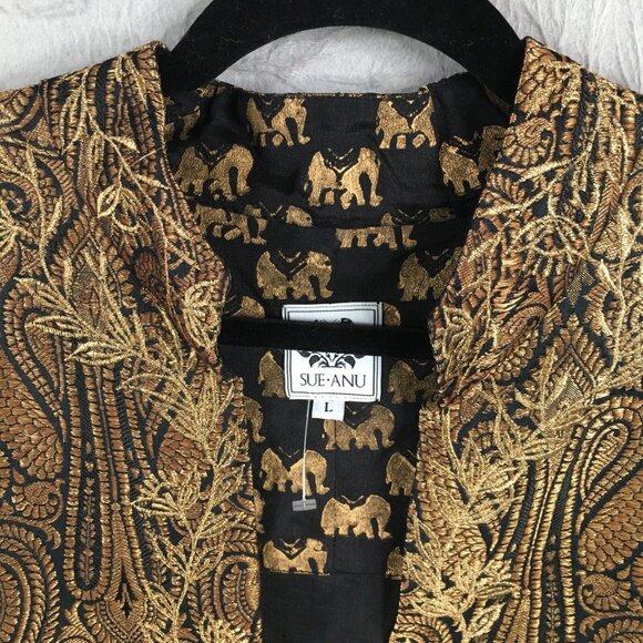 Sue.Anu Jacket Womens Large Black Gold Elephants Silk Hand Stamped Sartor Lal - Picture 7 of 16